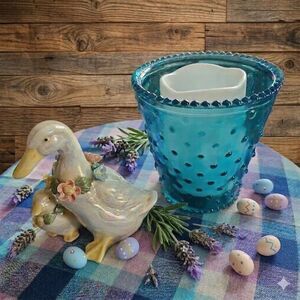Iridescent Duck Figurine, Hobnail Candle Holder, Pastel Plaid Cloth Bundle